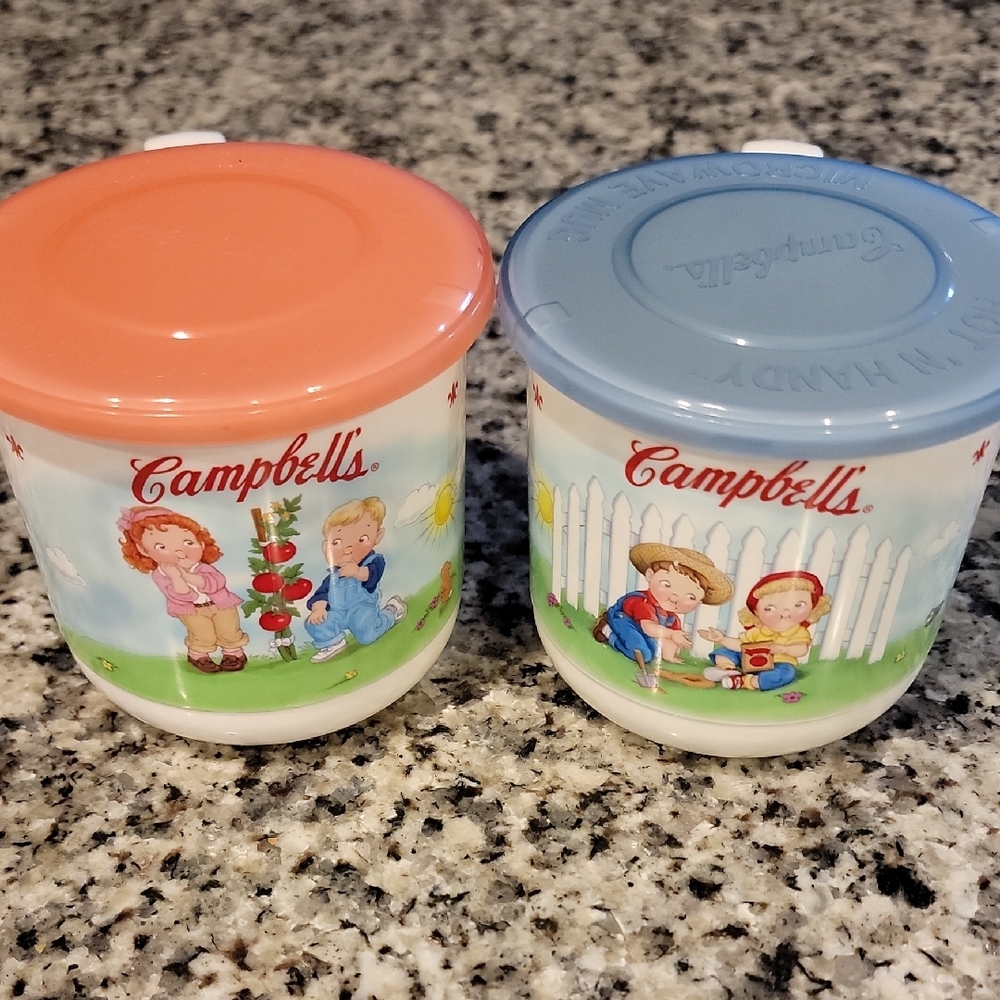 Set Of 2 Campbells Hot N Handy Soup Cups Microwave Mug With Lids